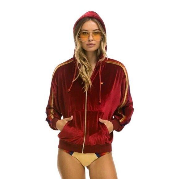 AVIATOR NATION 5 Stripe Velvet Tracksuit Zip Hoodie Jogger Set Sz S Top M Pants - Picture 2 of 11